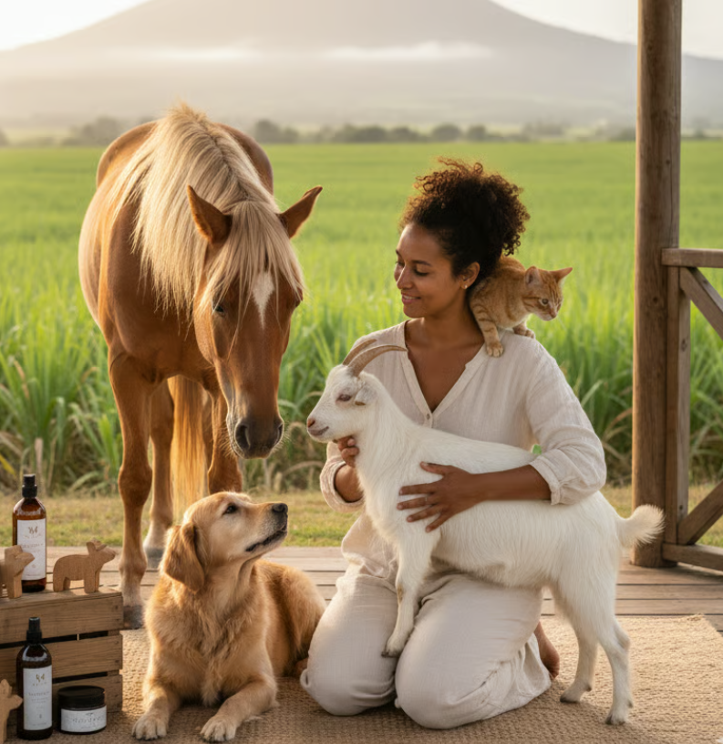 Une soigneuse entouree d'un cheval, d'un chien, d'un chat et d'une chevre, avec les produits ZanimoSoin, a La Reunion